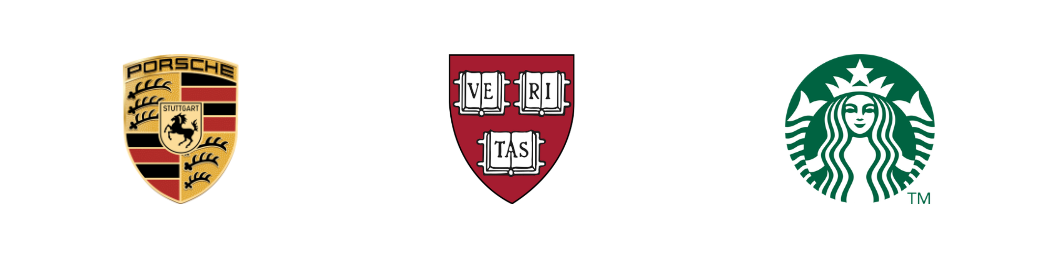 Exemple de logos emblèmes : Porsche, Harvard University, Starbucks.