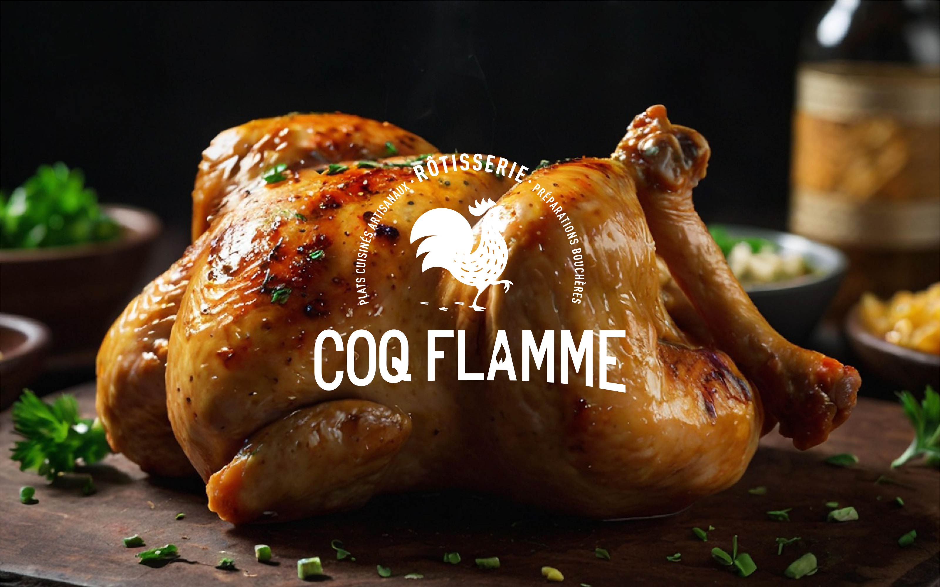 Poulet rôti, et le logo de Coq Flamme.