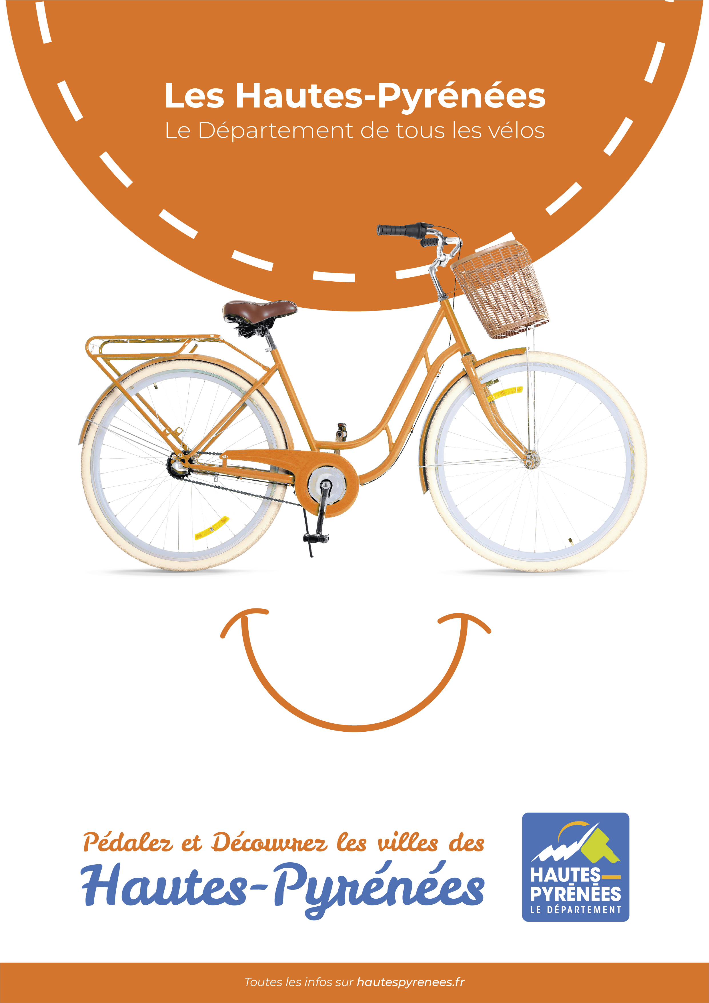 Affiche orange pour la pratique du vélo dans le département 65 par Pitxucom agence de communication à Toulouse