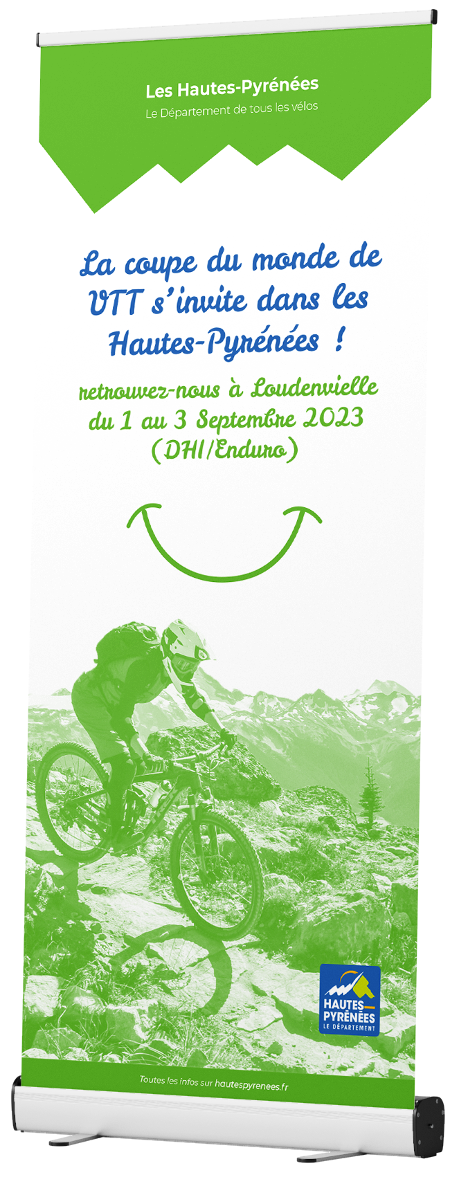 Kakémono vert pour la pratique du vélo dans le département 65 par l'agence de communication 360 toulousaine Pitxucom