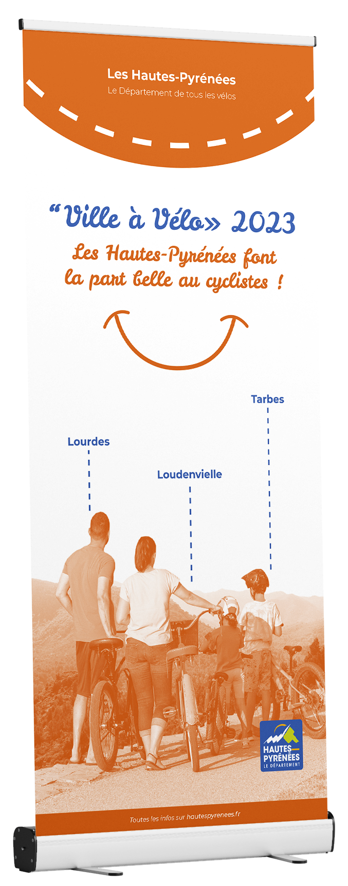 Kakémono orange pour la pratique du vélo dans le département 65 par l'agence de communication 360 Pitxucom