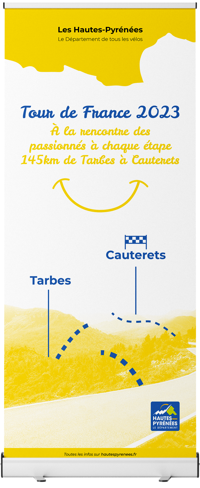 Kakémono jaune pour la pratique du vélo dans le département 65 par l'agence de communication 360 Pitxucom