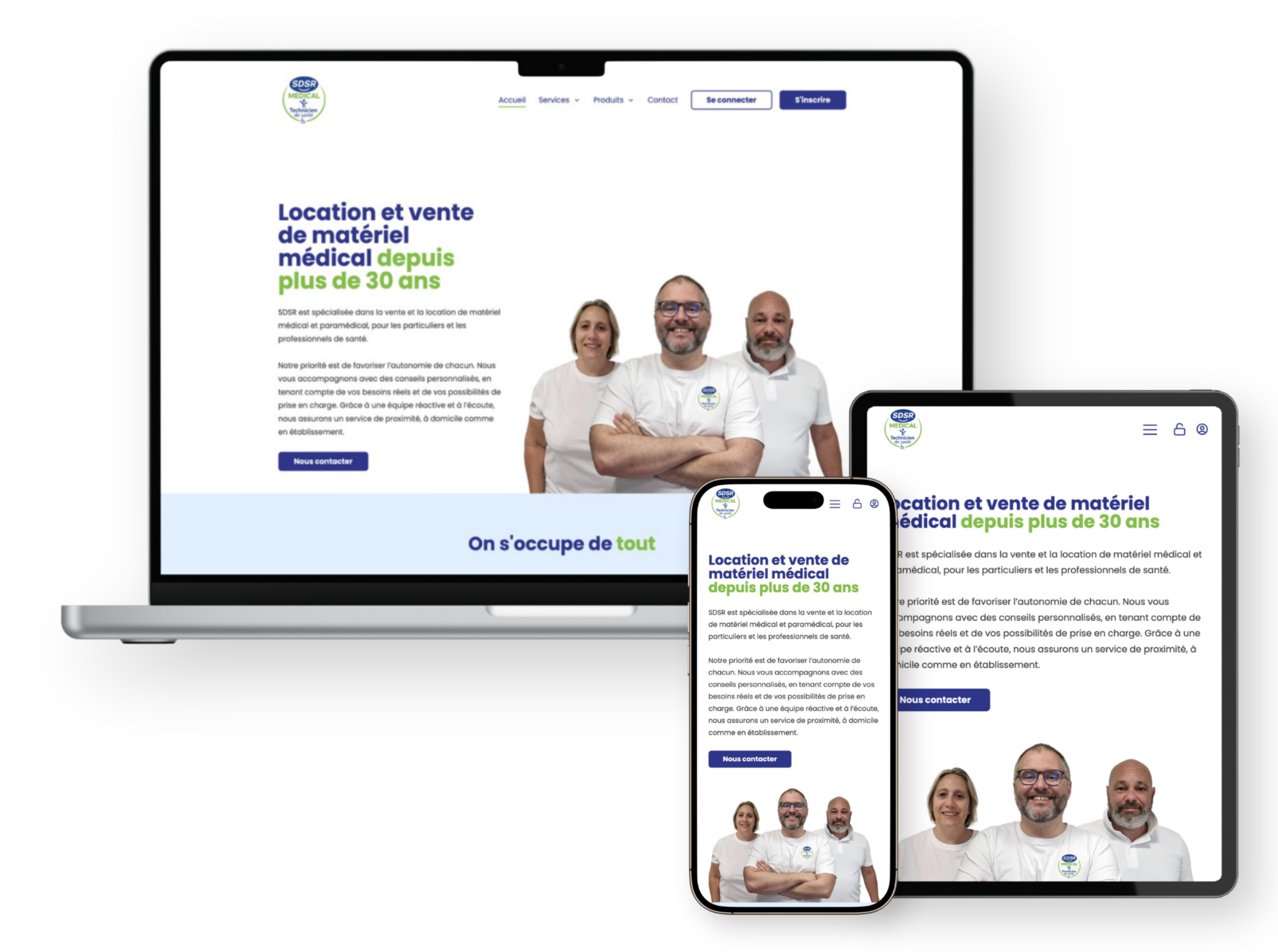Mockup du site web responsive de SDSR, version ordinateur, tablette et mobile
